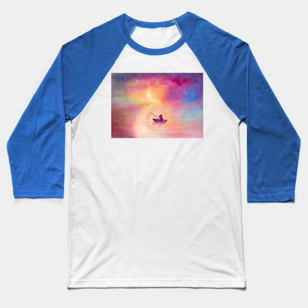 Sleeping fisherman under the moon - watercolor painting Baseball T-Shirt by ArtDreamStudio